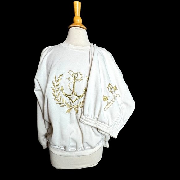 Woman's White with Gold Embroider Sweatshirt & Pants Set size XL Nautical - Picture 5 of 15